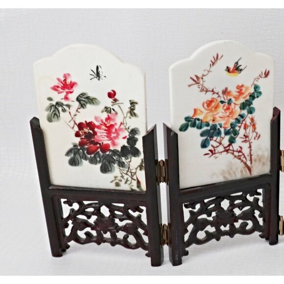 Vintage Mini Folding Screen 2 Sided Panels Handpainted Chinese Marble Art Geisha - Picture 6 of 7